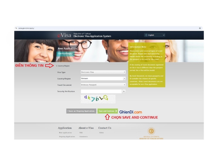 Chọn quốc gia và mục đích xin e visa. Ảnh: Ghiền Đi Du Lịch